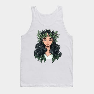 Cartoon Style Portrait - Young Woman with long flowery hair Tank Top